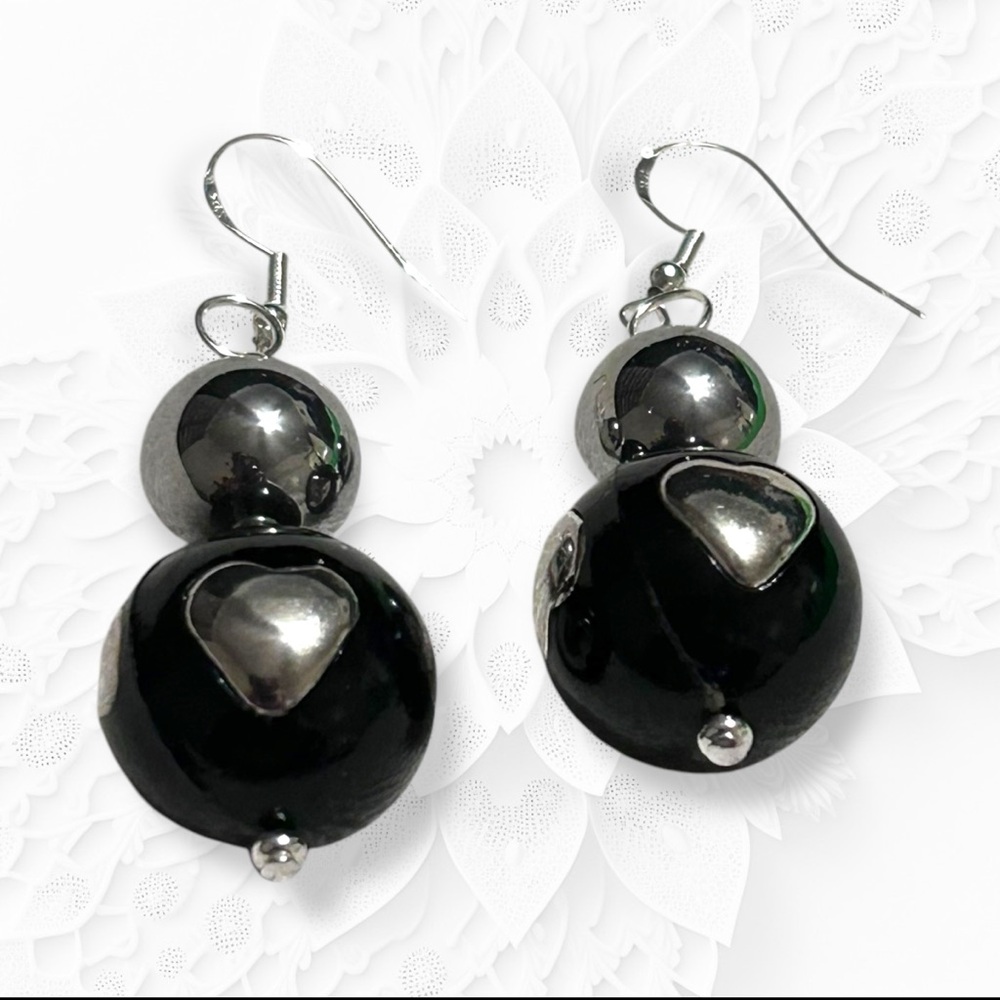 Hand Crafted Earrings Hearts Black Silver Acrylic Glass Long Pierced - Picture 4 of 5